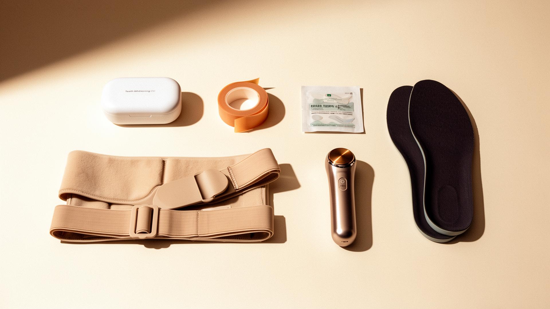 Premium product lineup including whitening kit, mouth tape, nasal strips, posture corrector, microcurrent device, and height insoles